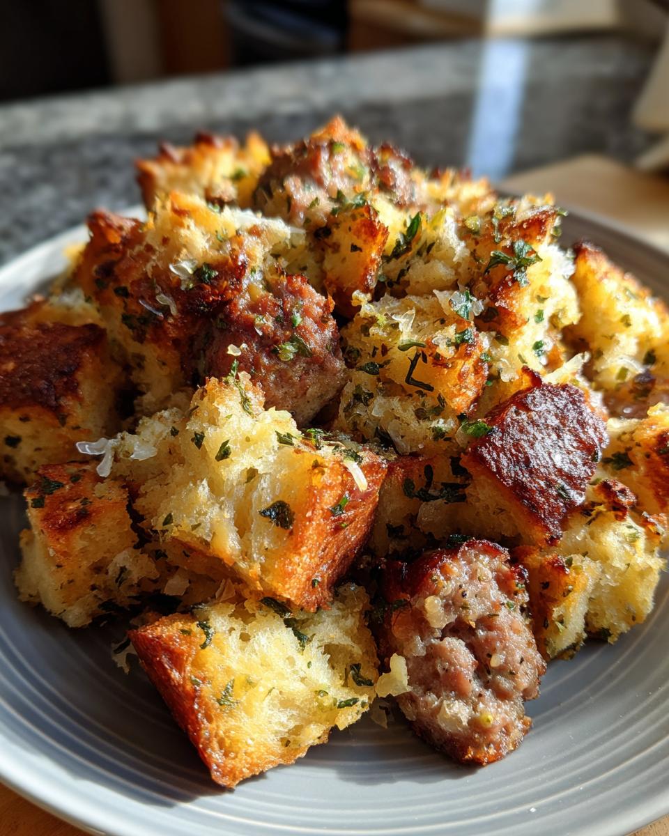 Close-up of baked sausage stuffing cubes, golden brown and topped with herbs and cheese.