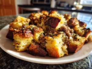Close-up of golden brown, herb-topped sausage stuffing cubes served on a white plate.