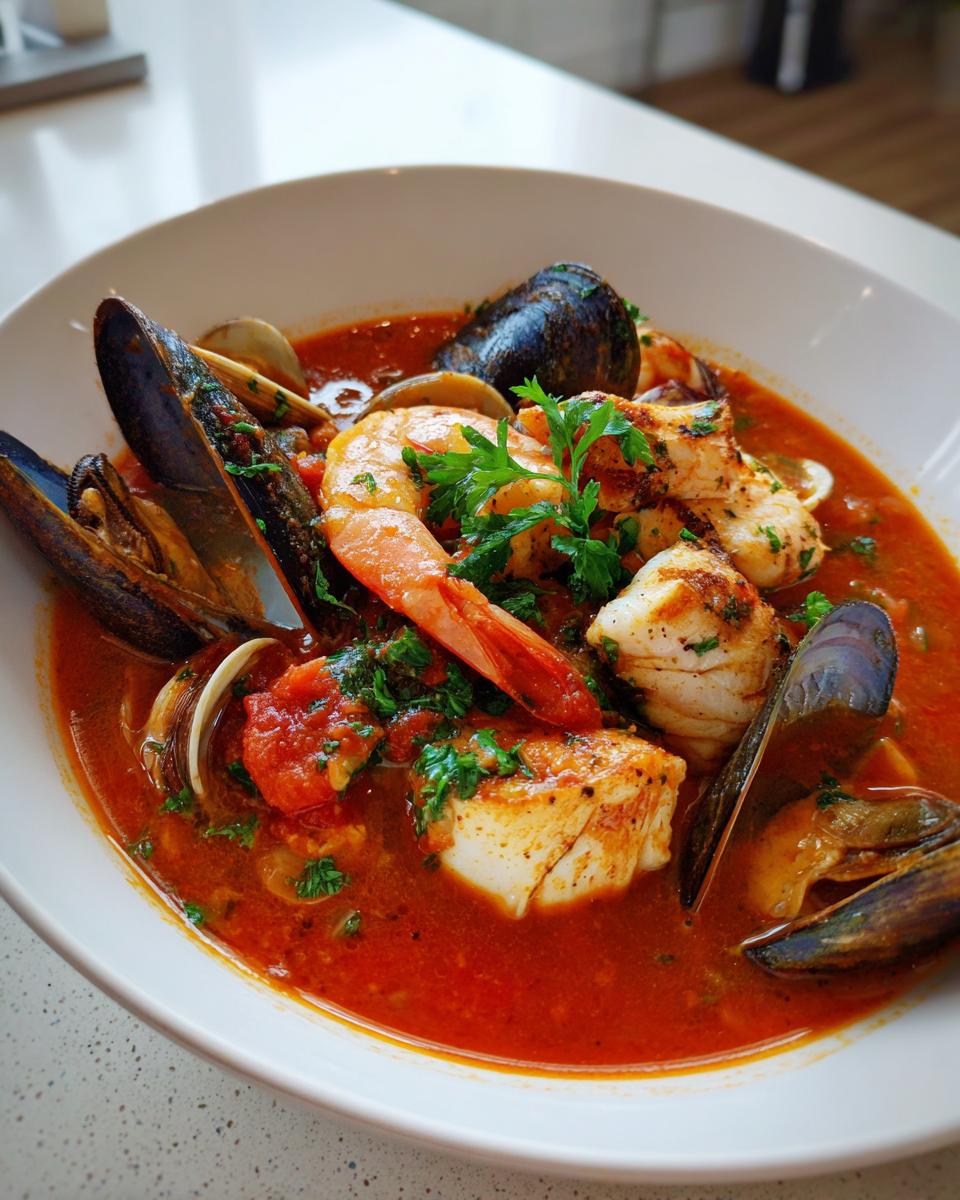 Close-up of a vibrant red seafood soup bowl featuring mussels, a large shrimp, white fish chunks, and parsley garnish.
