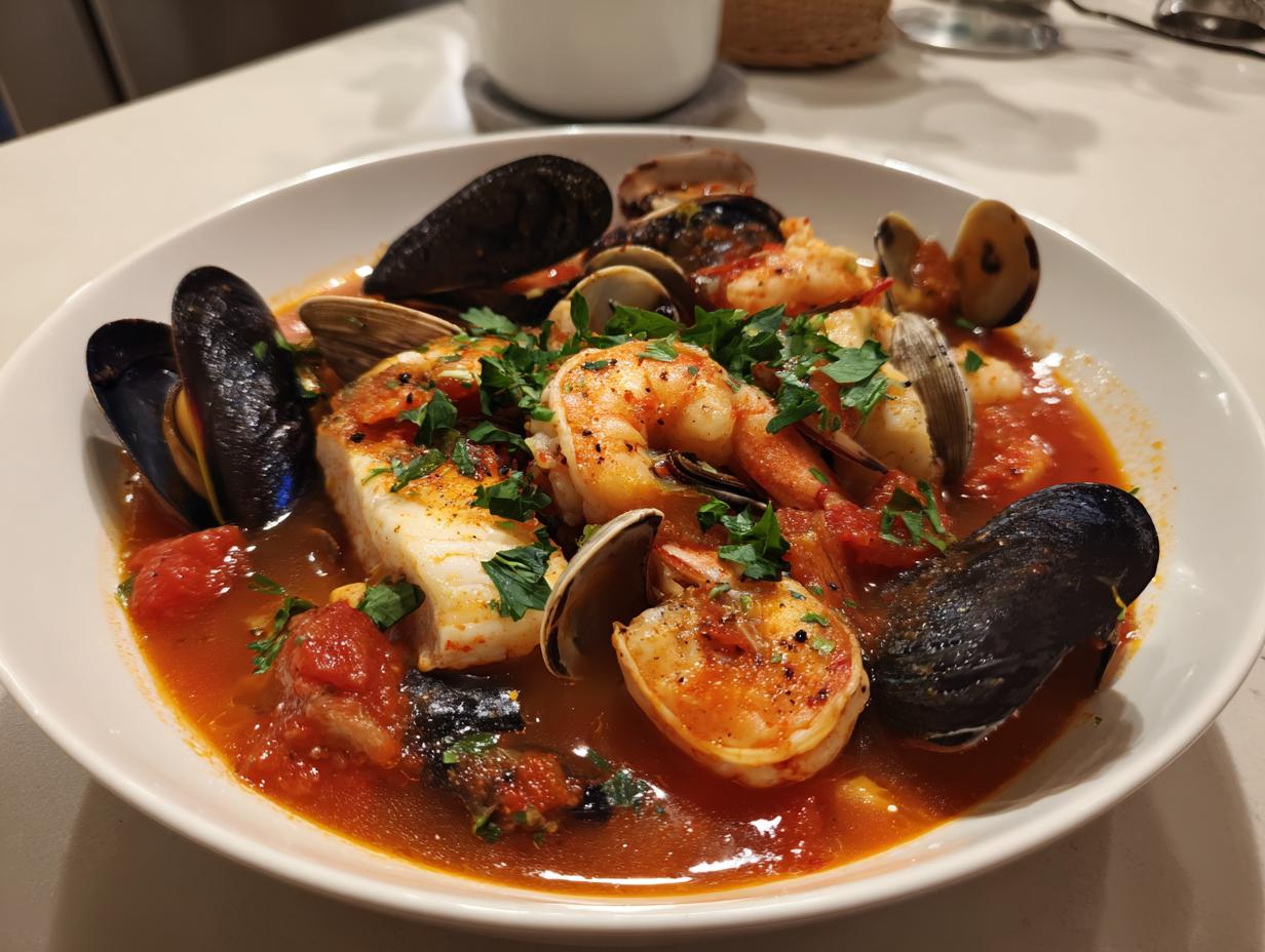 A close-up of a vibrant seafood soup featuring mussels, shrimp, clams, and a white fish fillet in a rich tomato broth.