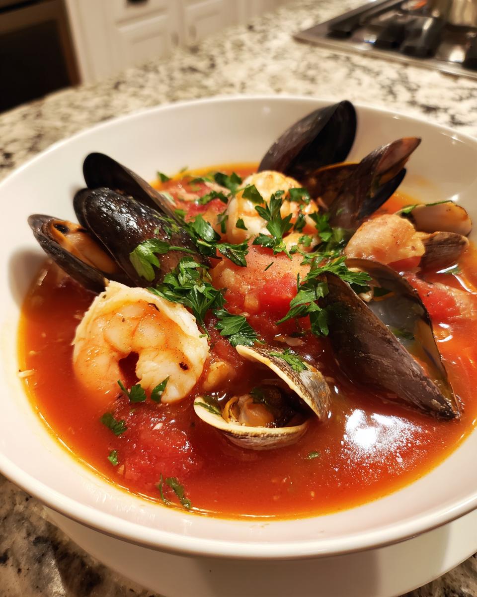 A vibrant bowl of seafood soup featuring mussels, shrimp, clams, and fresh parsley in a rich tomato broth.
