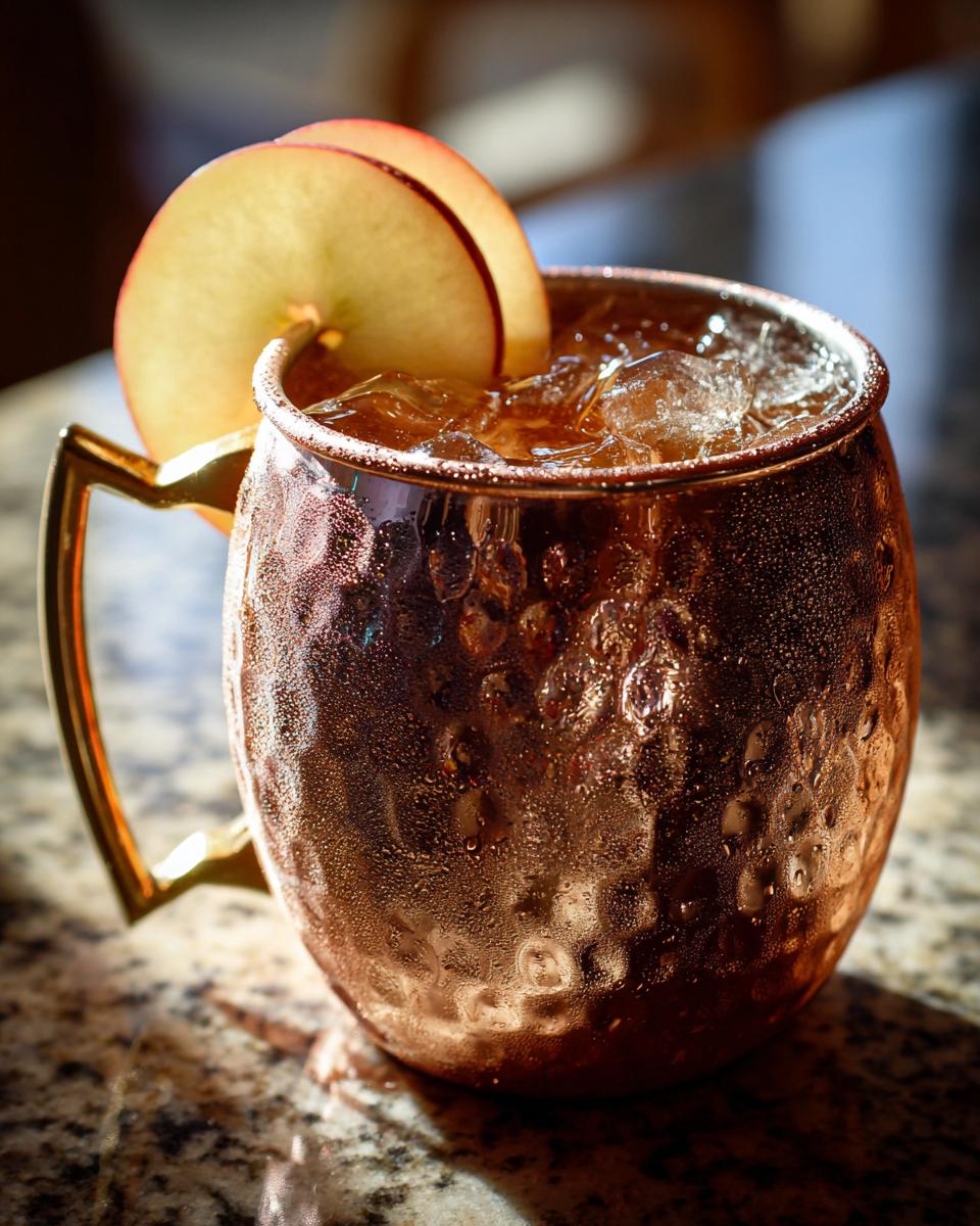 Close-up of a frosty copper mug filled with an apple cider moscow mule, garnished with apple slices.