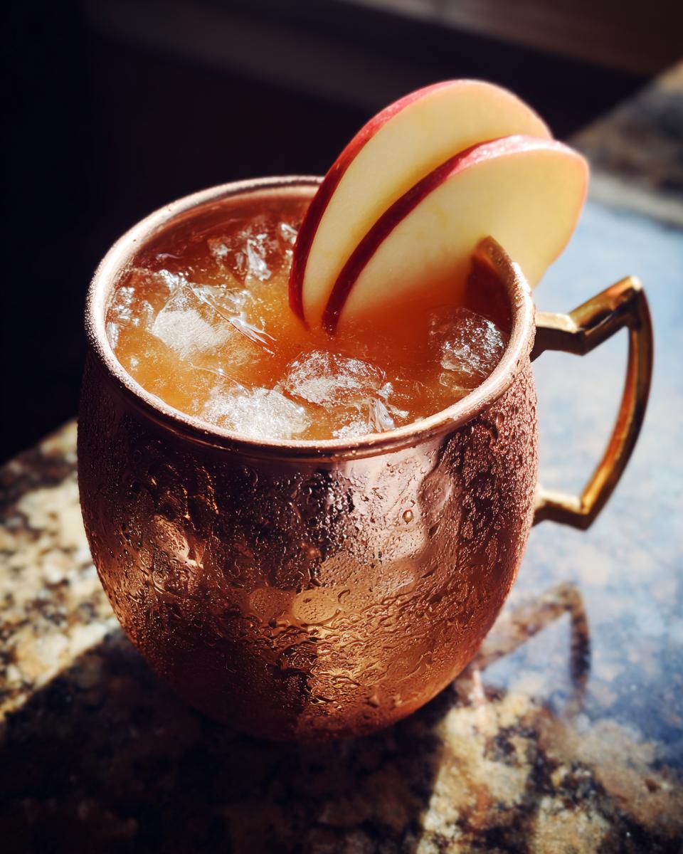 A condensation-covered copper mug filled with an apple cider Moscow mule and garnished with apple slices.