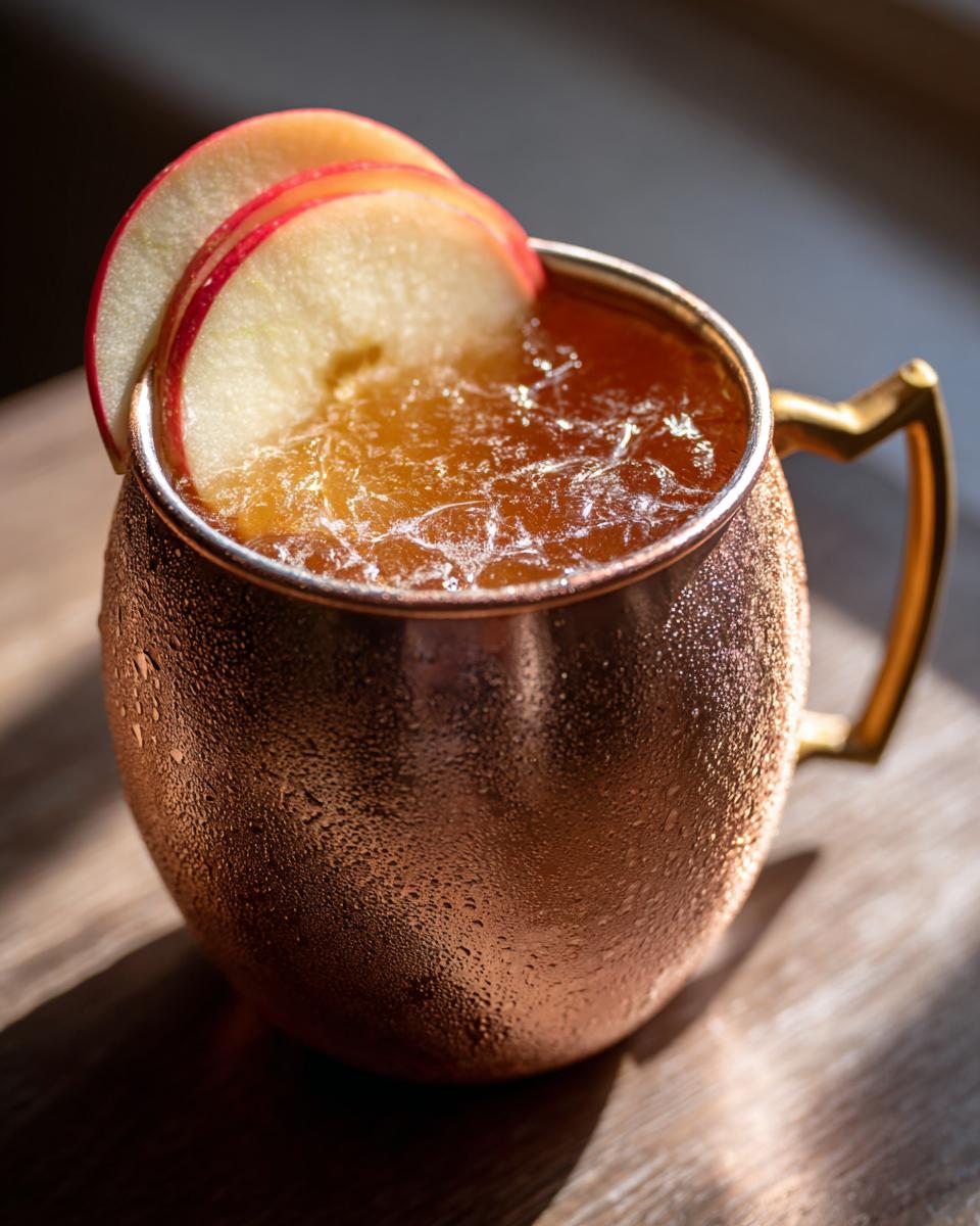 Close-up of a frosty copper mug filled with an apple cider Moscow mule, garnished with apple slices.