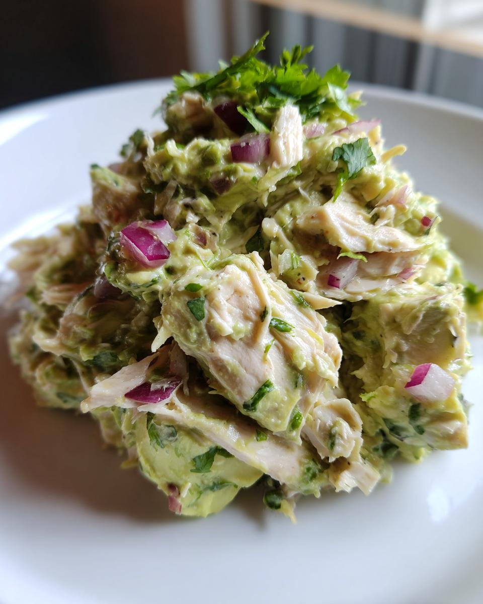 A close-up serving of creamy avocado chicken salad mixed with chunks of chicken, red onion, and cilantro.
