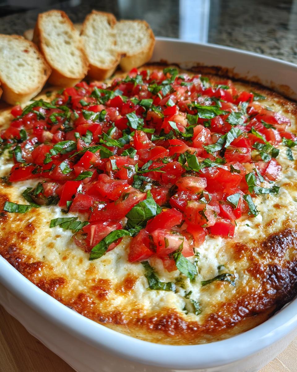 A close-up of hot, baked bruschetta dip topped with fresh diced tomatoes and basil, served with toasted baguette slices.