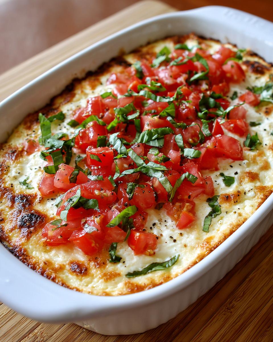 Close-up of a baked bruschetta dip with melted cheese, topped with fresh diced tomatoes and basil.