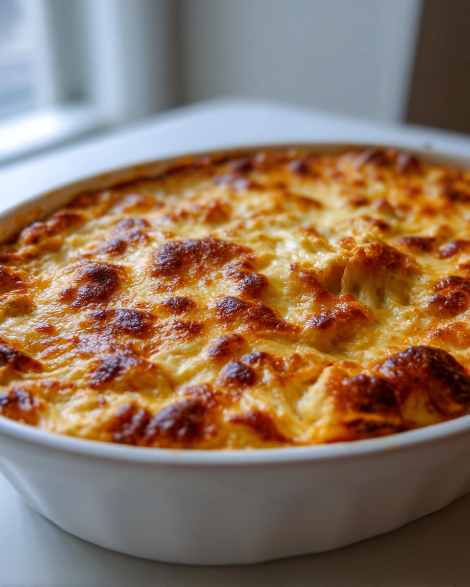 Close-up of baked chicken enchilada dip in a white oval dish, featuring a bubbly, golden-brown melted cheese topping.
