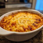 A close-up of a white oval baking dish filled with hot, bubbly chicken enchilada dip topped with melted, browned cheese.