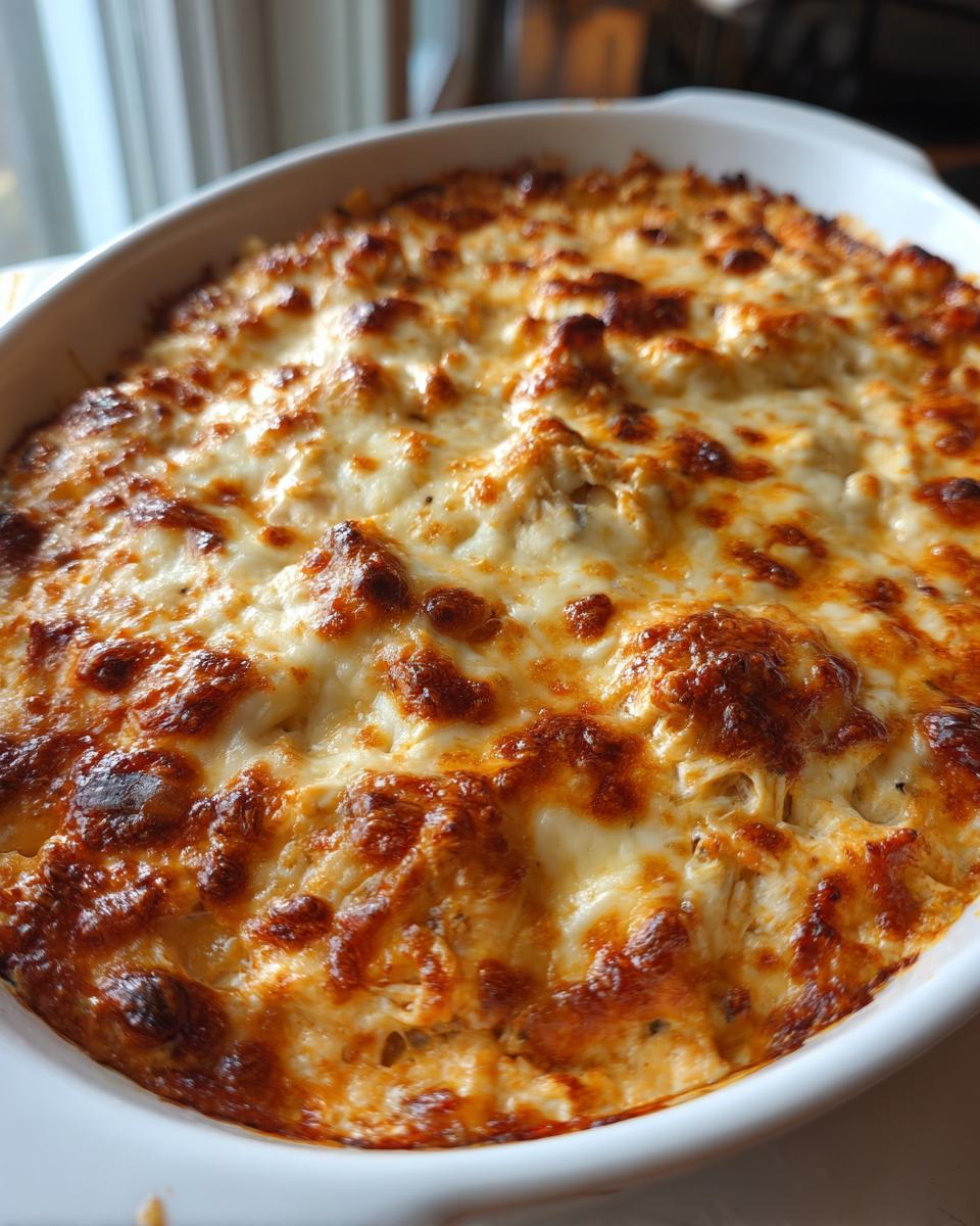 Close-up of a baked chicken enchilada dip in a white oval dish, featuring a bubbly, golden-brown melted cheese crust.