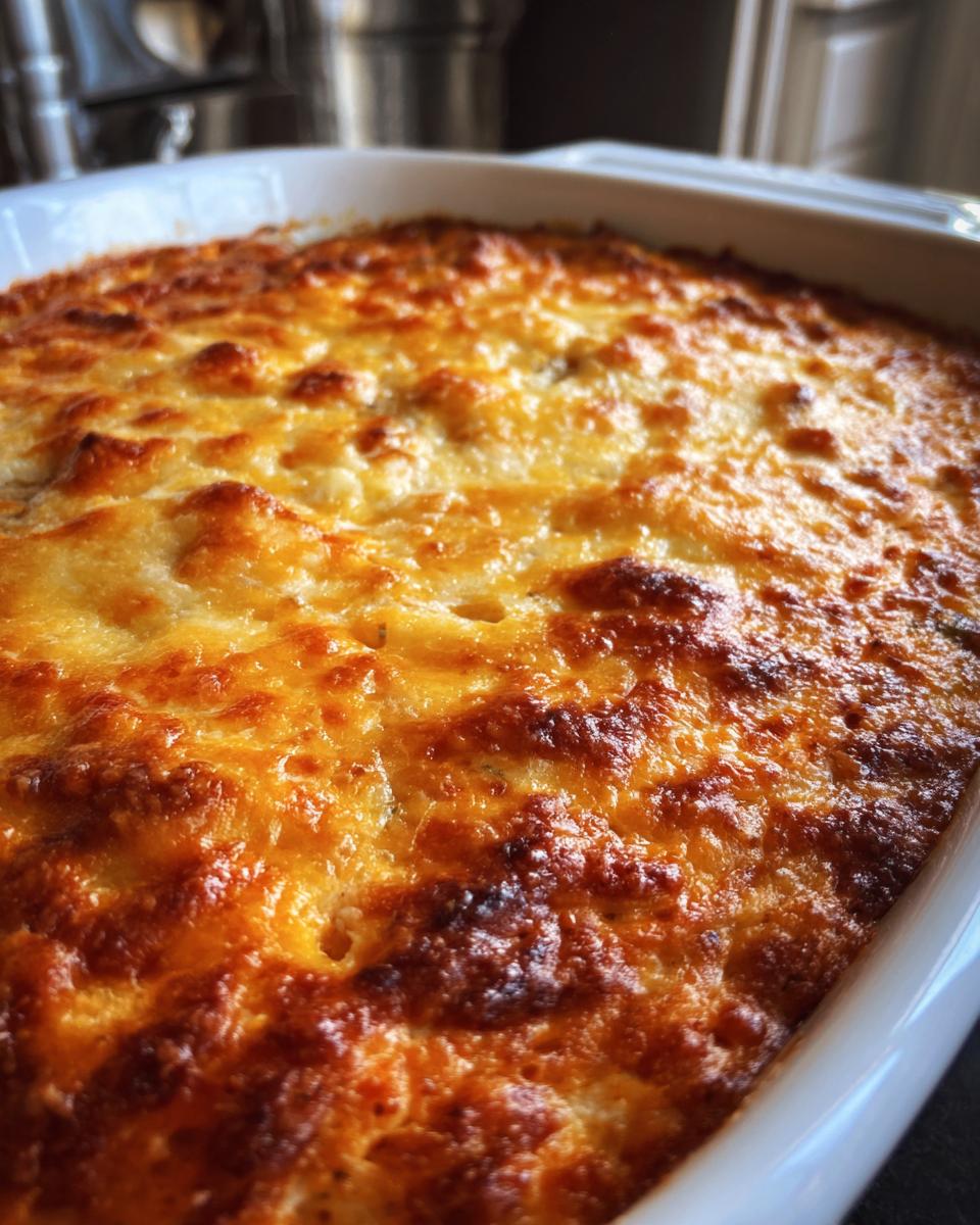 Close-up of hot, bubbly chicken enchilada dip with a deeply browned and melted cheese topping.