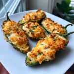 Five golden-brown baked jalapeño poppers filled with cheese and topped with breadcrumbs, ready to eat.