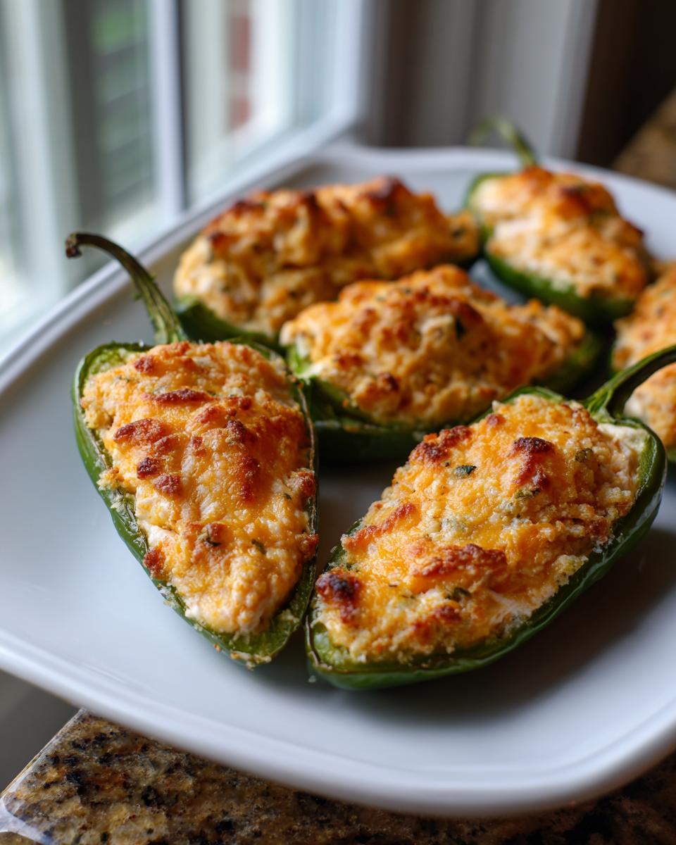 Several baked jalapeño poppers stuffed with creamy filling and topped with melted, browned cheese, ready to eat.