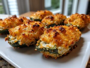 Several golden-brown baked Jalapeño poppers stuffed with cheese filling, resting on a white platter.