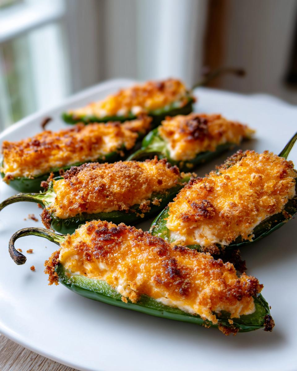 Six baked jalapeño poppers stuffed with creamy cheese and topped with a golden, crispy breadcrumb crust.