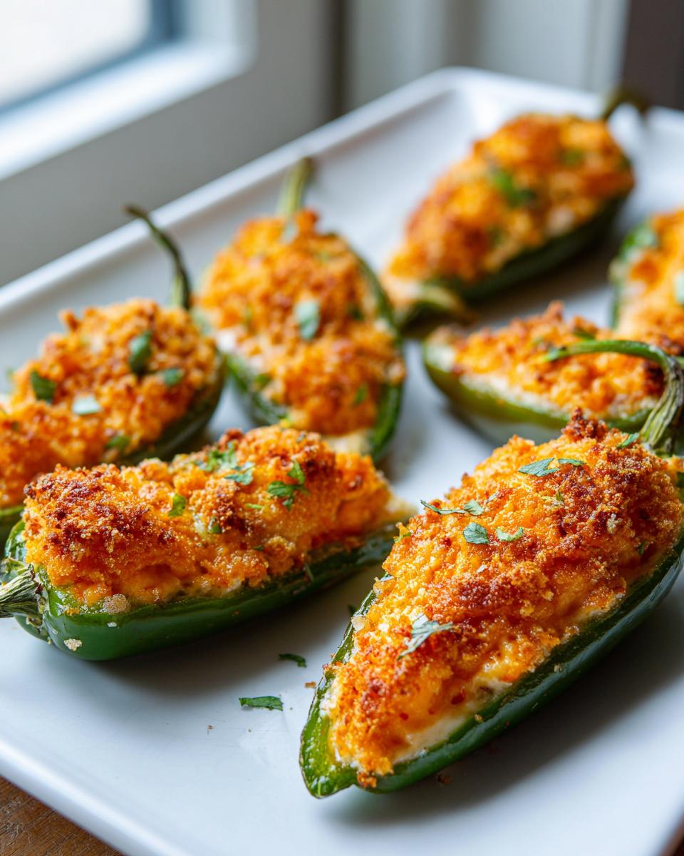Close-up of baked Jalapeño poppers stuffed with cheesy filling and topped with golden breadcrumbs on a white platter.