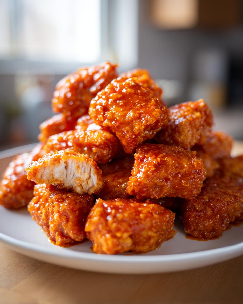 A pile of crispy, bite-sized pieces of Bang Bang Chicken coated in a glossy, spicy orange sauce, with one piece cut open showing the white meat.