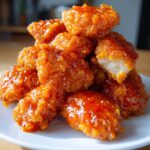 A pile of crispy, saucy Bang Bang Chicken pieces glistening with orange glaze on a white plate.