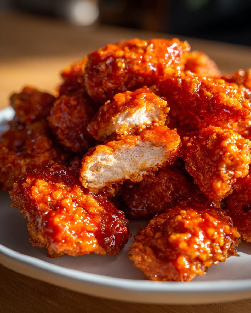 Close-up of crispy, glazed Bang Bang Chicken pieces piled on a white plate, one piece is cut open showing the white meat.