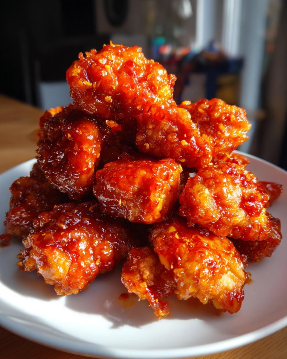 A pile of crispy, deep-fried chicken pieces coated in a glossy, bright orange-red Bang Bang sauce on a white plate.