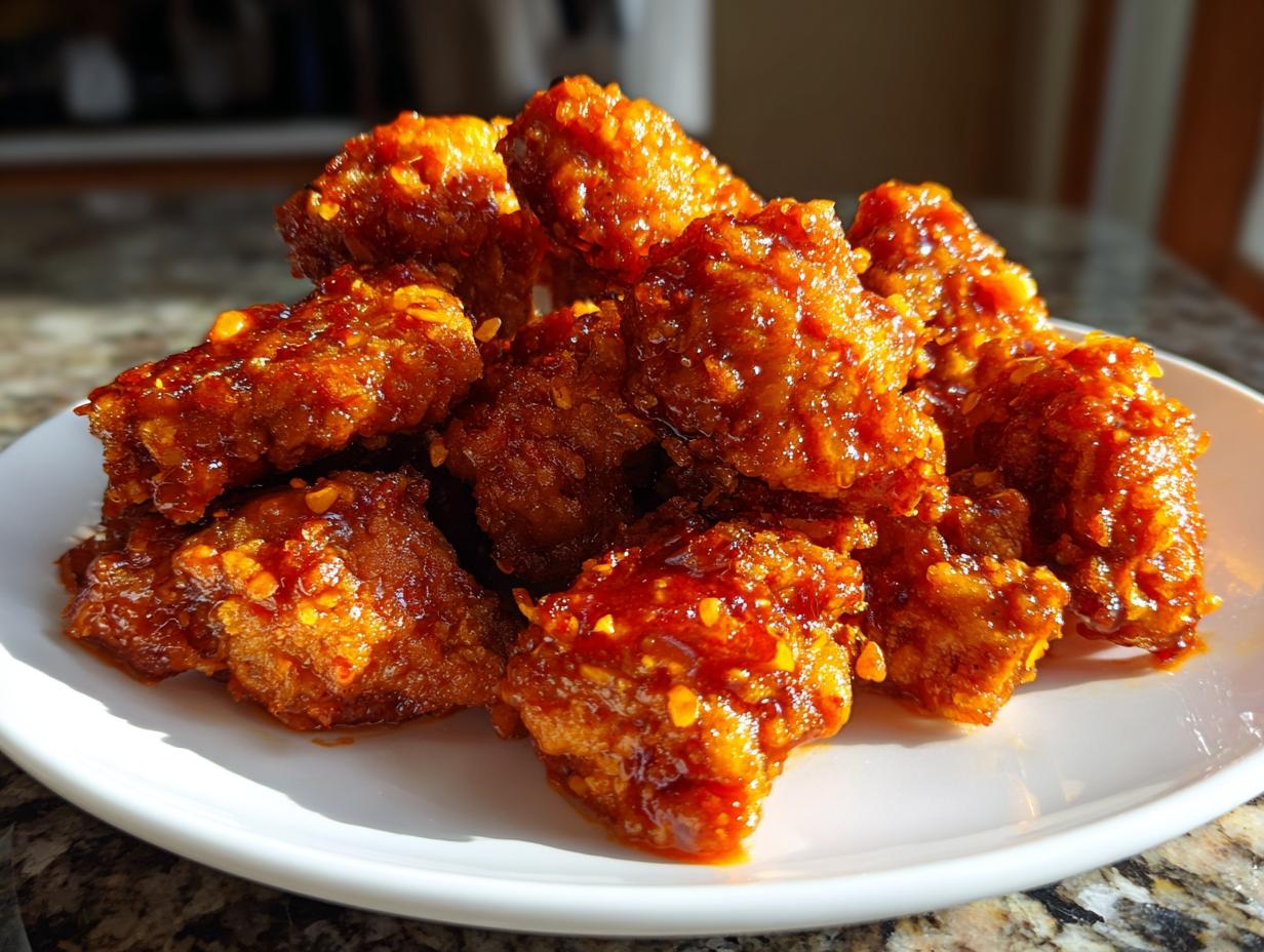 A pile of crispy, saucy Bang Bang Chicken pieces glistening on a white plate under bright light.