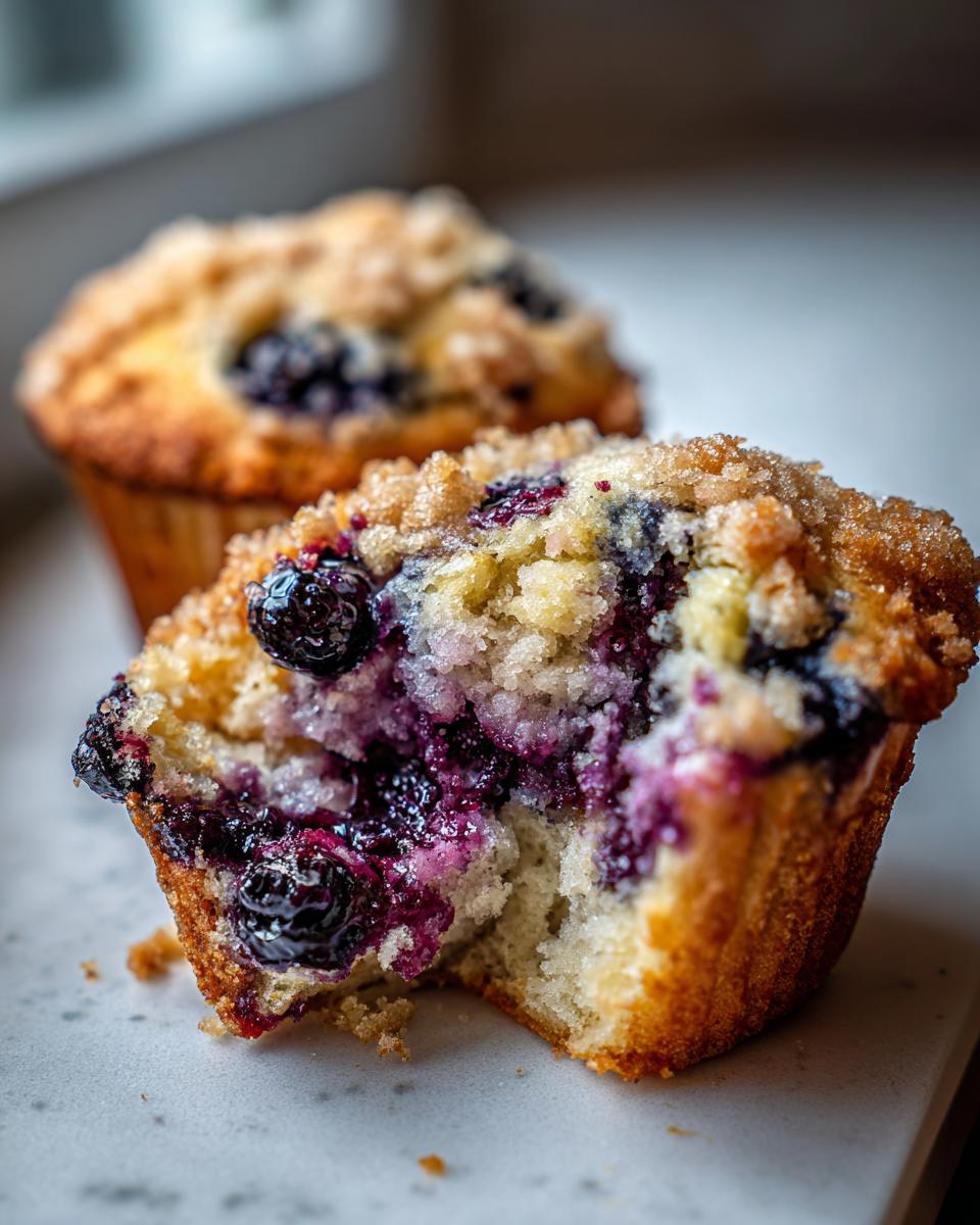 A close-up of a halved blueberry muffin showing the moist interior packed with juicy blueberries and a sugary streusel topping.