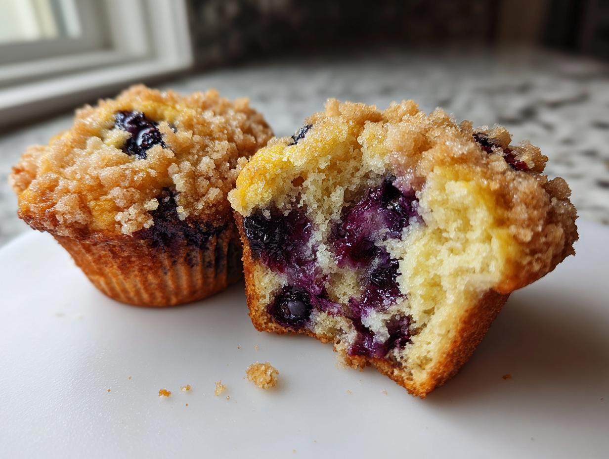 A close-up of a moist blueberry muffin cut in half, showing the rich interior filled with blueberries and a sugary crumb topping.