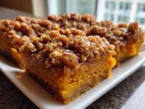 Three squares of rich, orange sweet potato casserole topped with a crunchy pecan streusel topping.