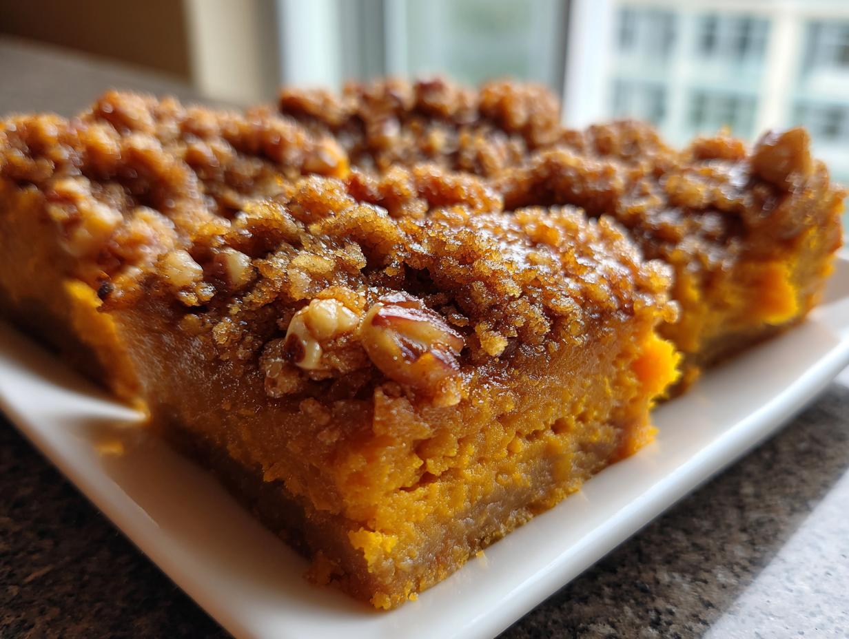Three squares of rich, orange sweet potato casserole topped with a crunchy pecan streusel topping.