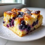A square serving of golden Blueberry French Toast Casserole topped with fresh blueberries and powdered sugar on a white plate.
