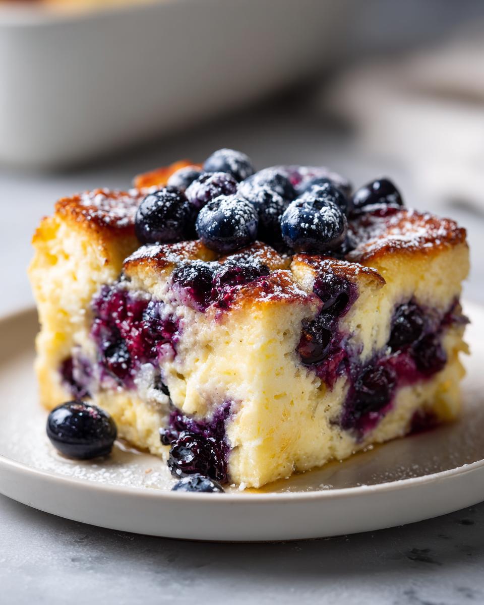 A close-up of a moist slice of Blueberry French Toast Casserole topped with fresh blueberries and powdered sugar.
