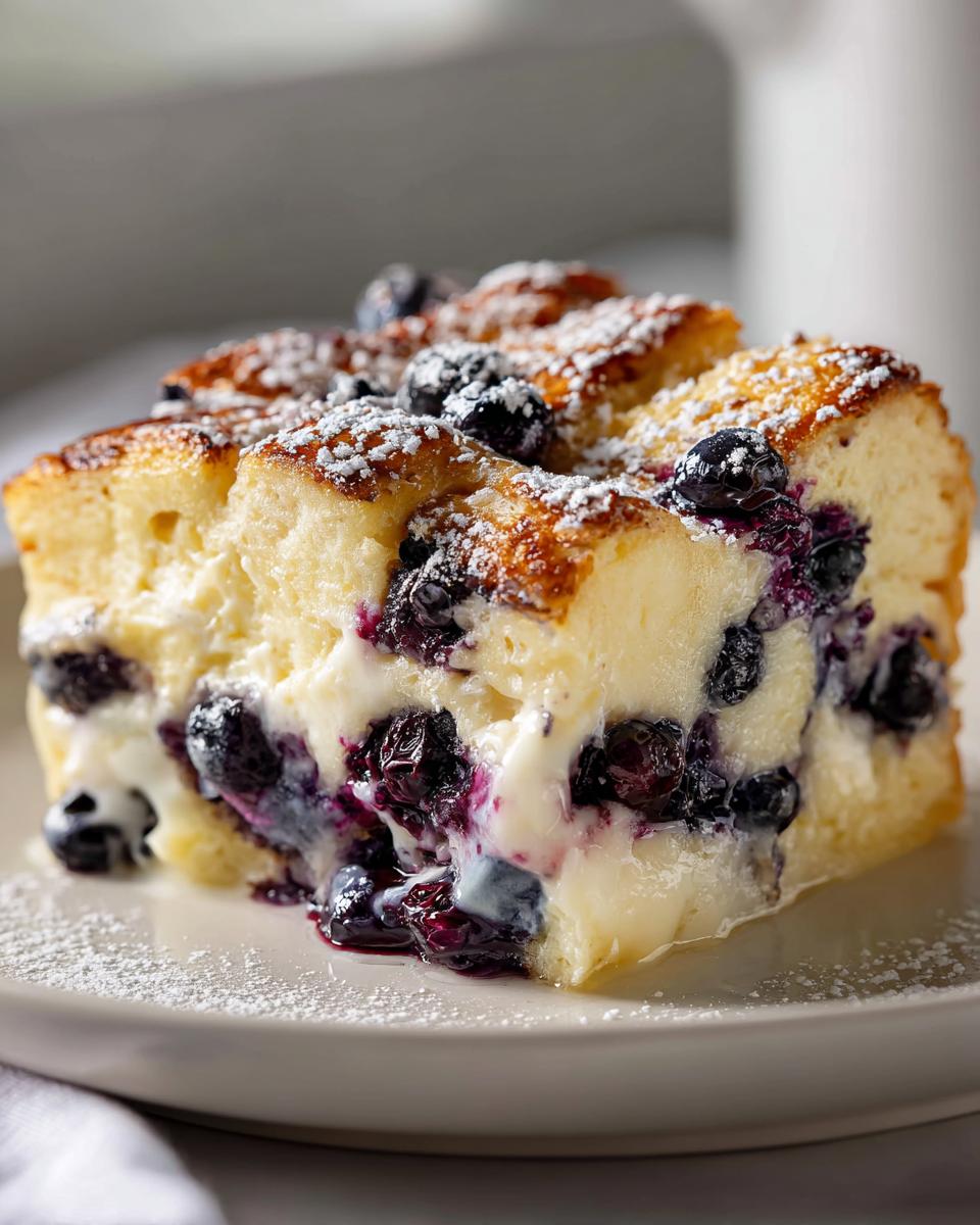 A moist slice of Blueberry French Toast Casserole, rich with creamy filling and bursting blueberries, dusted with powdered sugar.