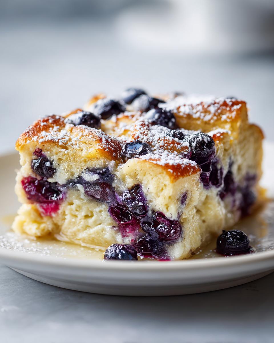A moist slice of Blueberry French Toast Casserole topped with powdered sugar and syrup on a white plate.