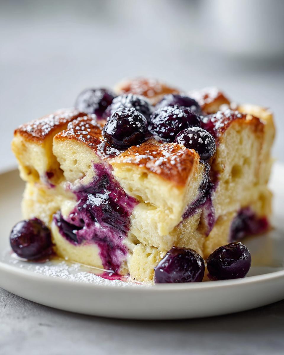 A close-up of a square serving of Blueberry French Toast Casserole topped with fresh blueberries and powdered sugar.