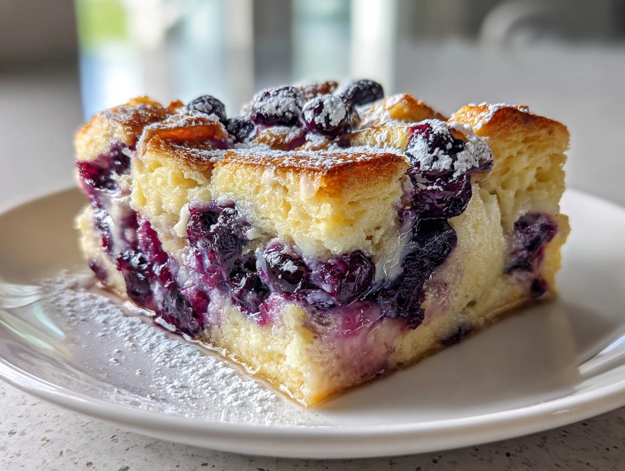 A close-up of a single serving of Blueberry French Toast Casserole, topped with powdered sugar.