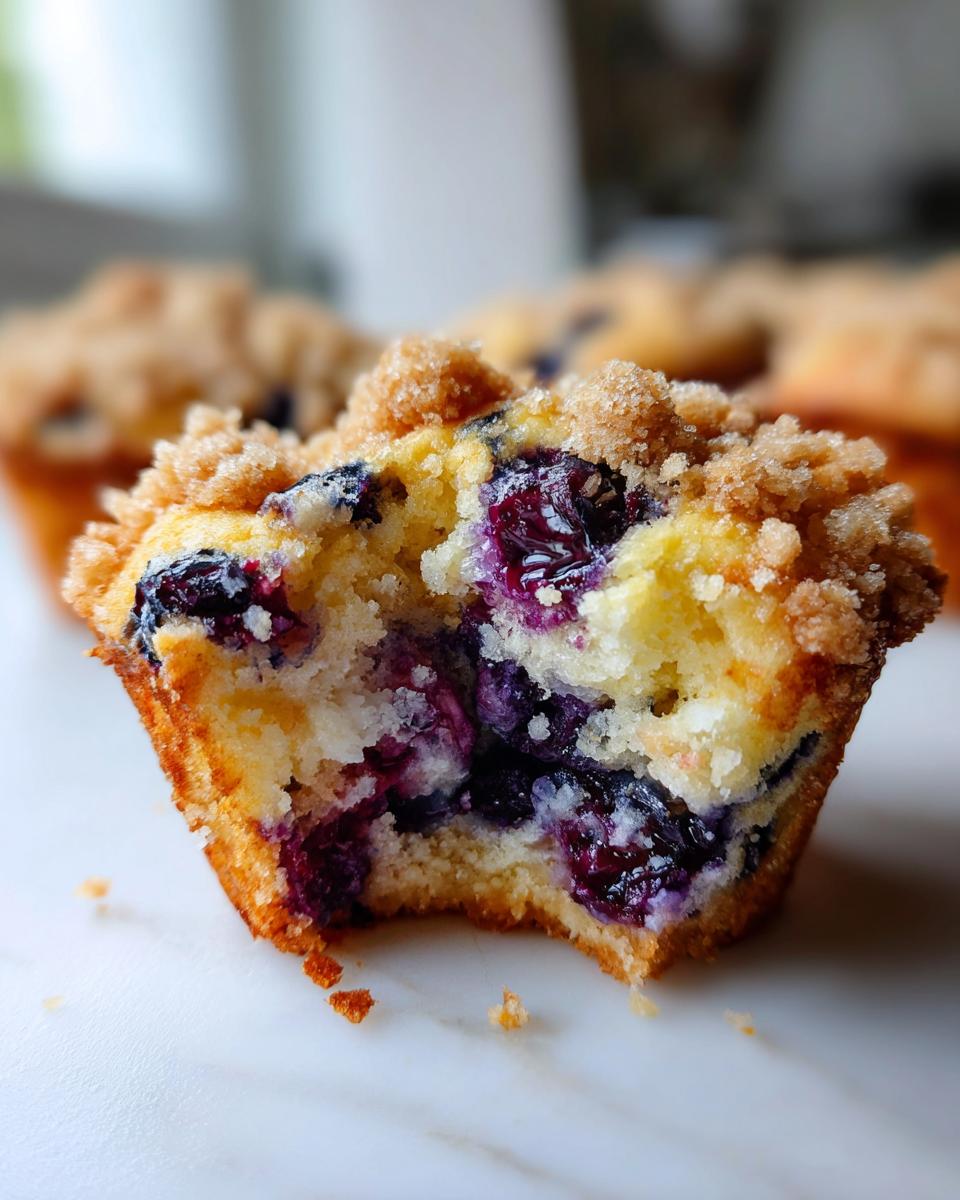 A close-up, bitten section of a moist blueberry muffin showing juicy blueberries and a sugary crumb topping.