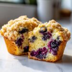 A delicious blueberry muffin, cut in half, showing moist interior packed with blueberries and a crunchy streusel topping.