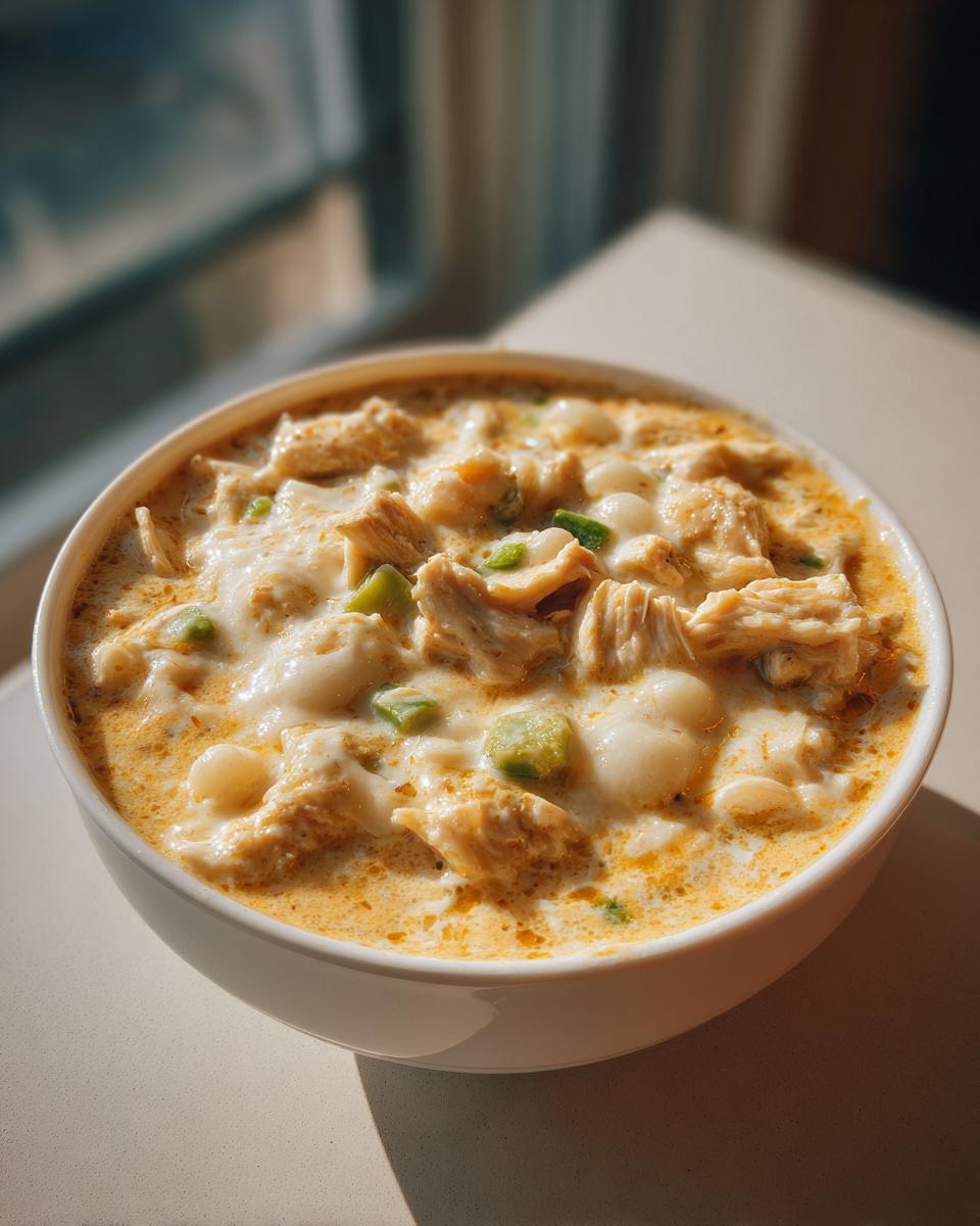 A close-up of a white bowl filled with creamy, rich cream cheese chicken chili, featuring shredded chicken and hominy.