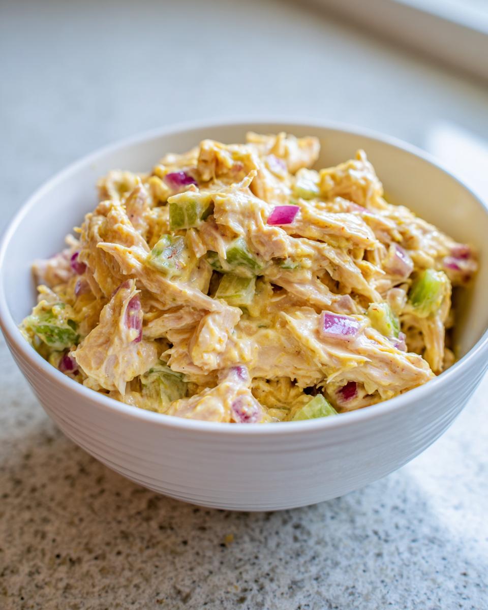A white bowl filled with creamy honey mustard chicken salad featuring shredded chicken, green celery, and diced red onion.