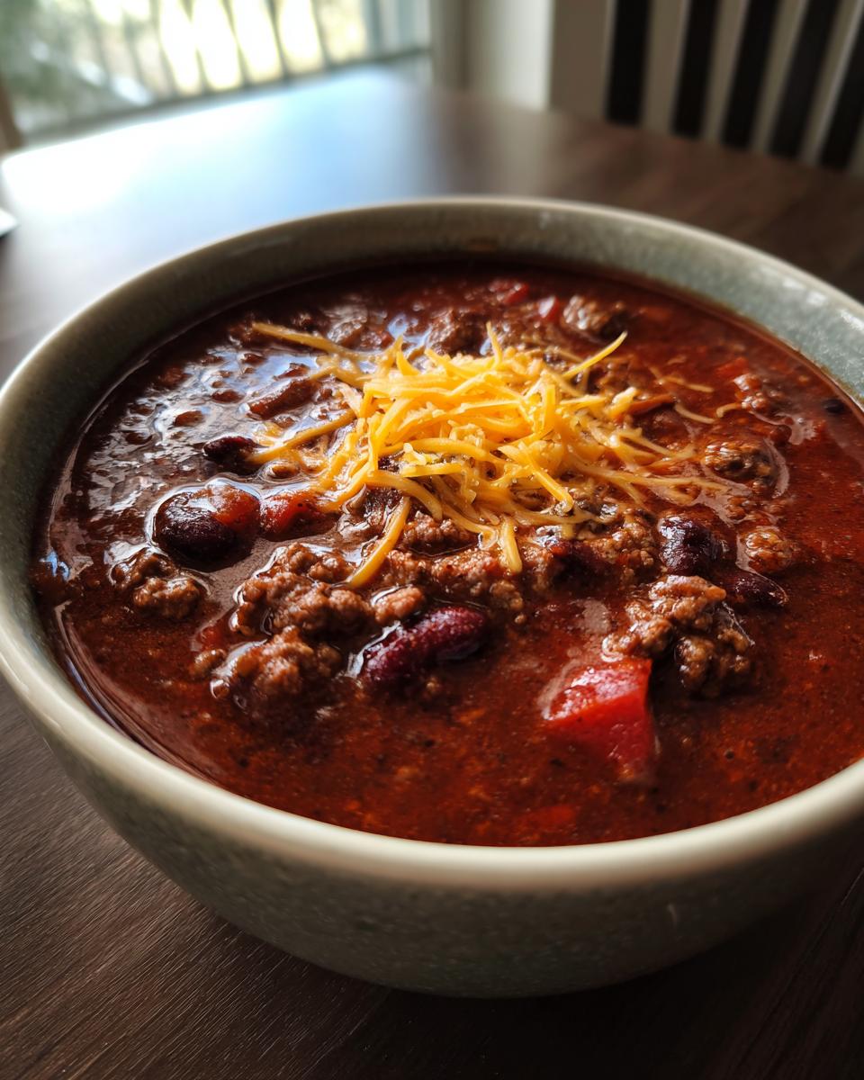 Close-up of a hearty bowl of rich, dark red crockpot chili topped with shredded cheddar cheese.