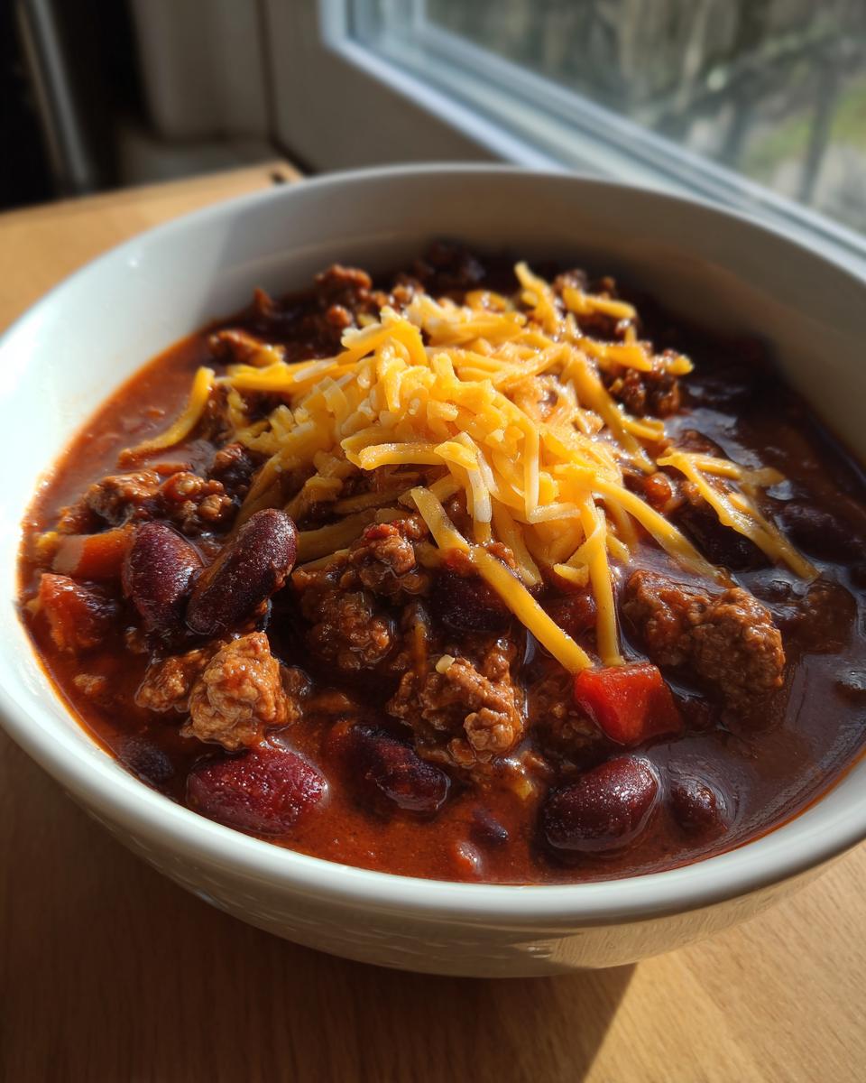 A close-up of a white bowl filled with rich crockpot chili, featuring ground meat, kidney beans, and topped with shredded cheddar cheese.