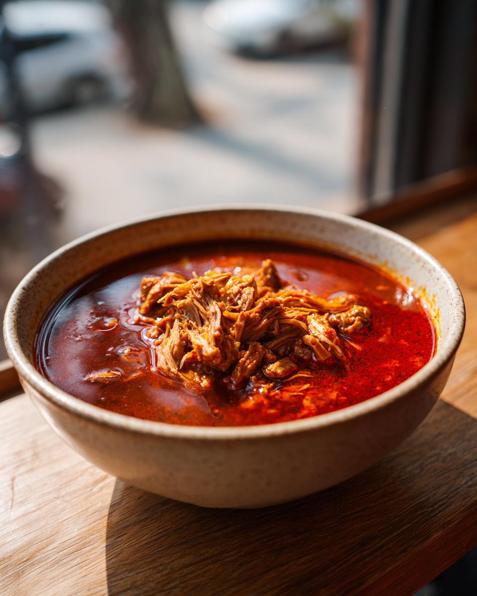 A rustic bowl filled with vibrant red Pozole rojo broth topped generously with shredded pork.