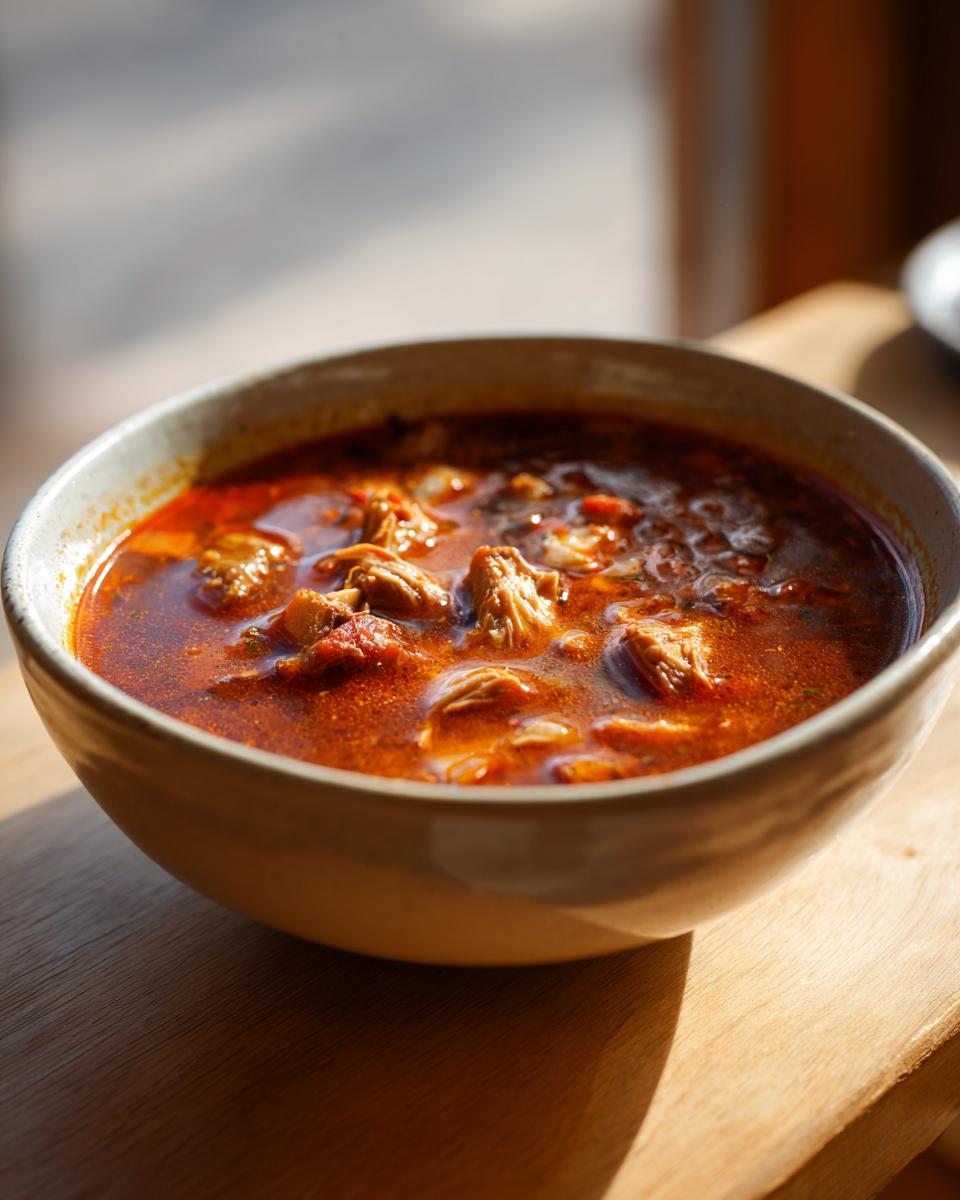 Close-up of a rustic bowl filled with rich, red Pozole rojo soup featuring shredded meat.