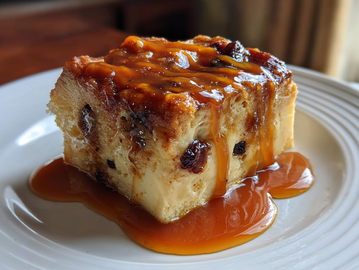 A square slice of rich bread pudding with raisins, drenched in glossy bread pudding with bourbon sauce.