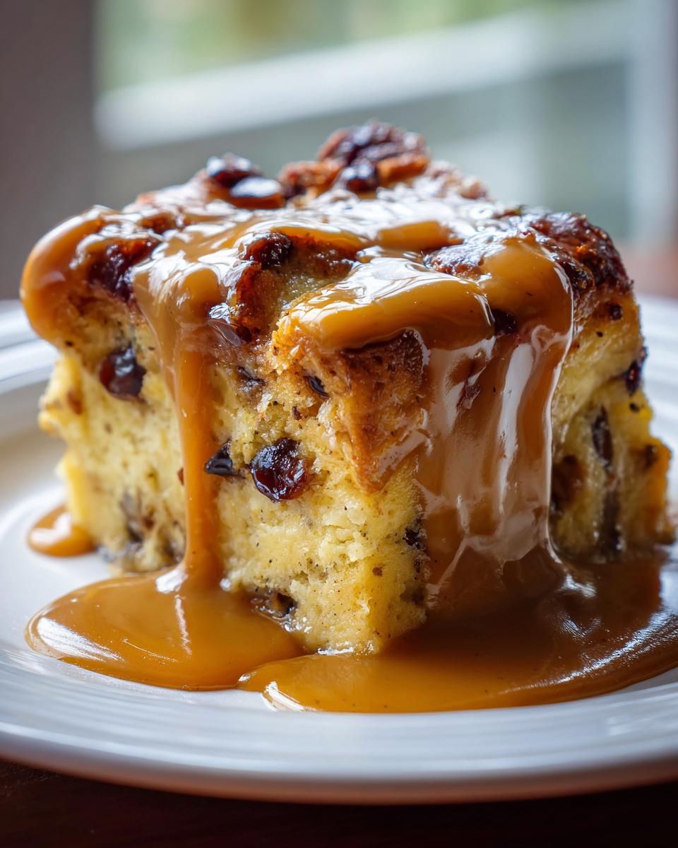 A close-up of a slice of bread pudding with bourbon sauce generously poured over it.