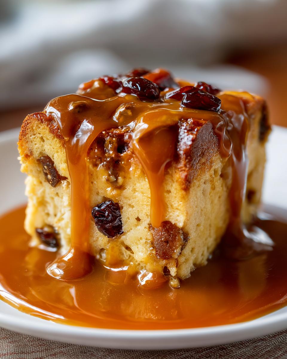 A close-up of a square slice of bread pudding with bourbon sauce generously drizzled over it and pooled on the plate.