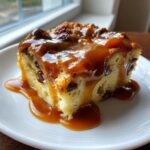 A square slice of bread pudding with raisins, generously topped with rich bourbon sauce.