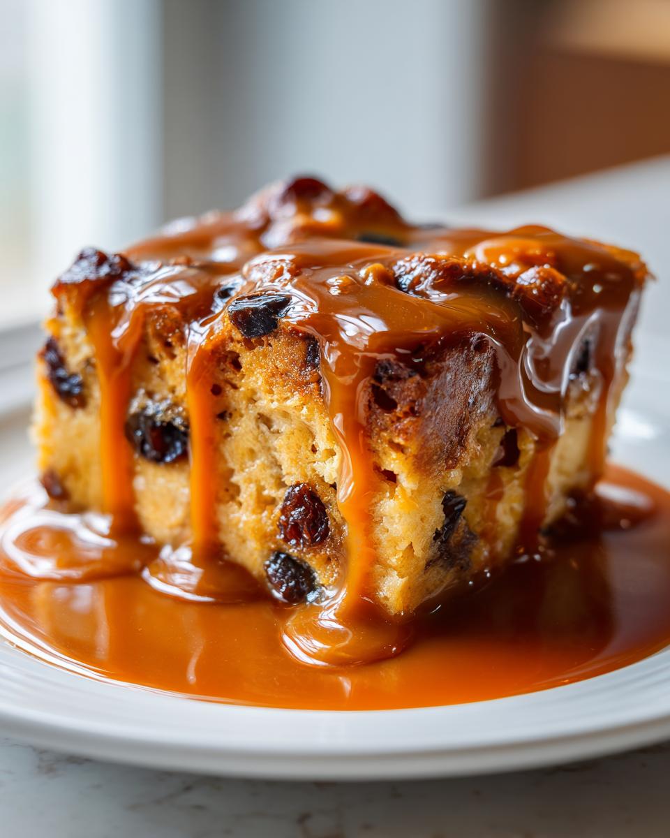 A close-up of a square slice of bread pudding with raisins, generously covered in rich bourbon sauce.
