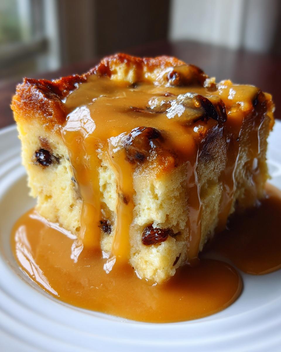 A close-up of a square serving of bread pudding with bourbon sauce generously poured over it, featuring visible raisins.