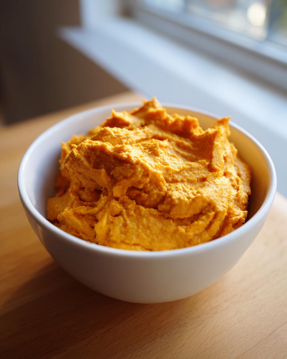 A close-up of bright orange pumpkin fluff dessert served in a white bowl on a wooden surface.